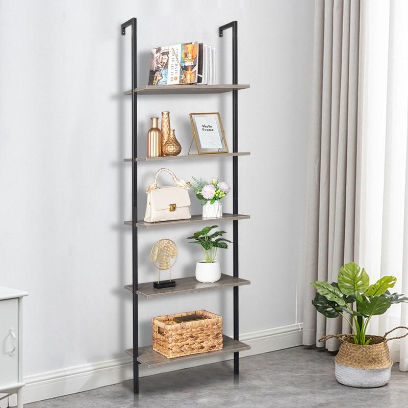 5-Tier Industrial Wood Ladder Bookcase with Metal Frame - Nice-Pay
