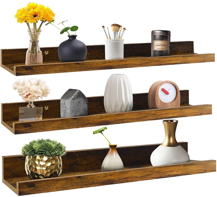24 inch Rustic Floating Wall Shelves Set of 3, Brown Wall Mounted Storage Shelf for Kitchen, Home, Bedroom