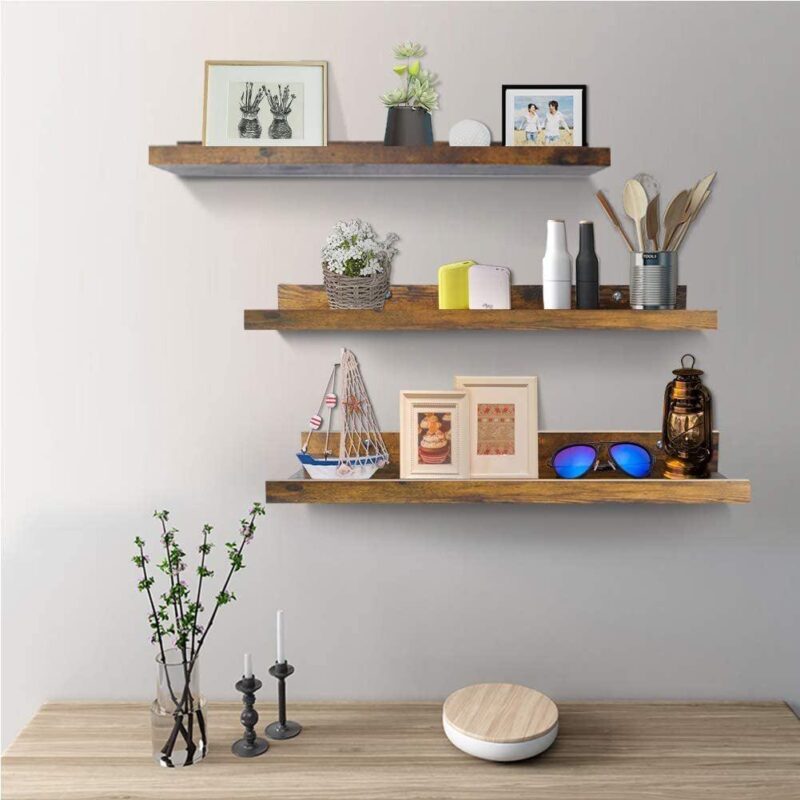 24 inch Rustic Floating Wall Shelves Set of 3, Brown Wall Mounted Storage Shelf for Kitchen, Home, Bedroom - Image 2