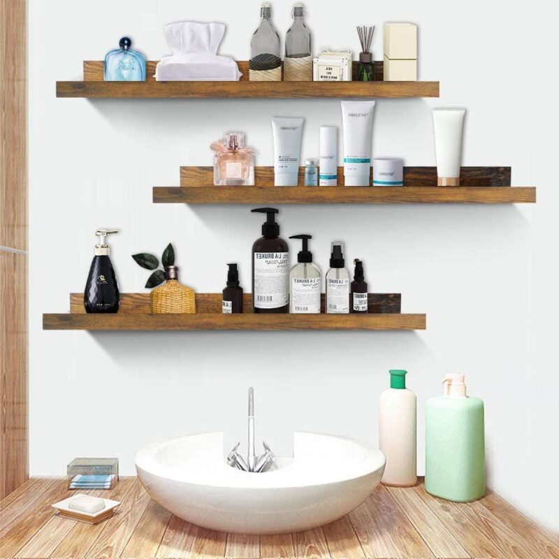 24 inch Rustic Floating Wall Shelves Set of 3, Brown Wall Mounted Storage Shelf for Kitchen, Home, Bedroom - Image 3