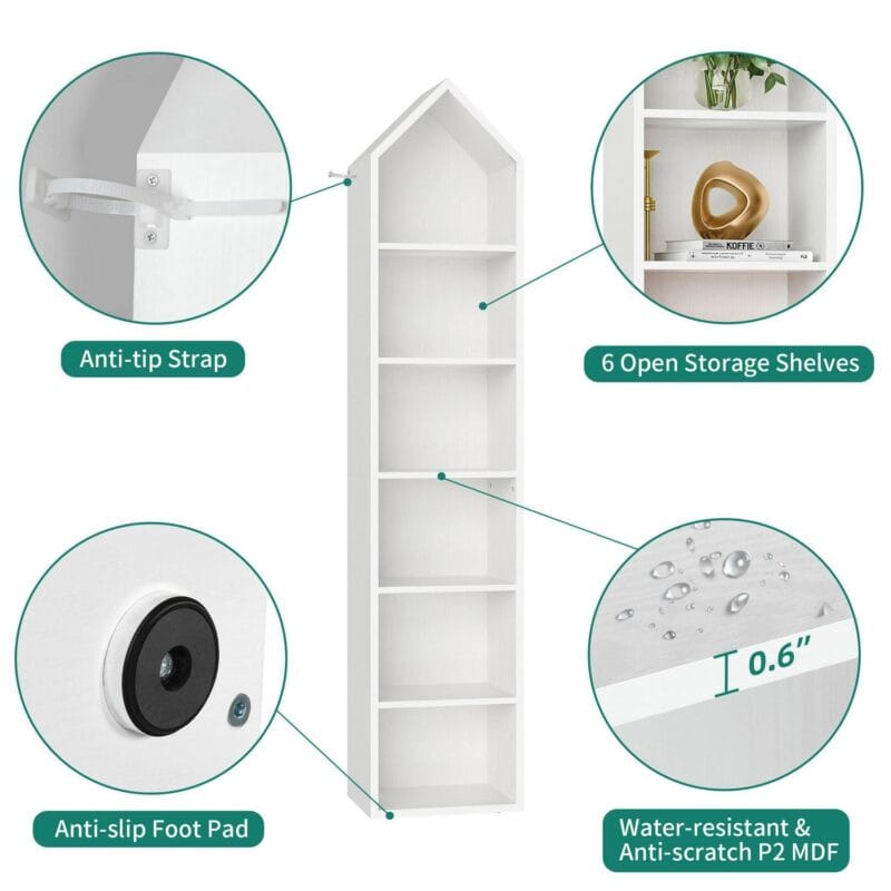 6-Tier Open Shelf 6-Cube Storage Organizer Standard Wood Bookcase Bookshelf Wall Shelf 72.8  Tall Narrow Bookcase Display Stand Home Office, White - Image 8