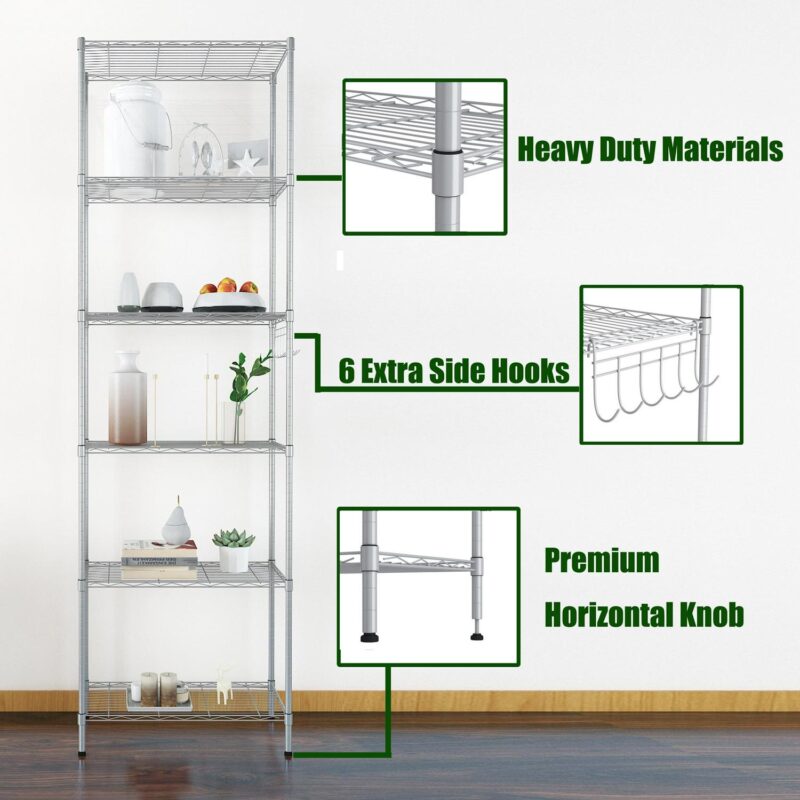 6-Tier Wire Shelving Unit Storage Rack Metal Shelf Organizer with 6 Hooks for Kitchen Bathroom Garage Balcony 21.26  x 11.42  x 62.99 - Image 4