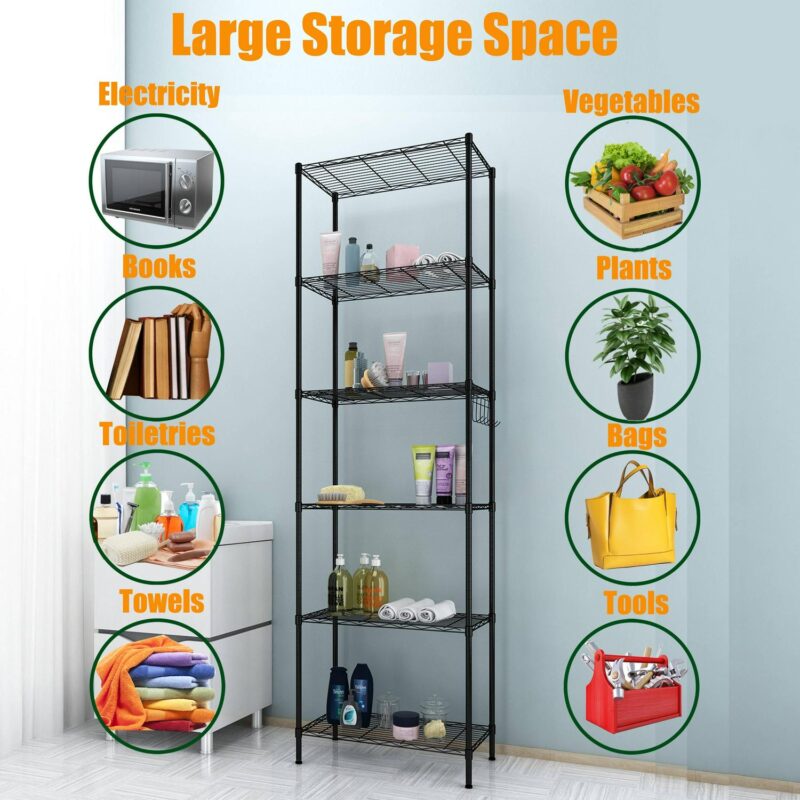 6-Tier Wire Shelving Unit Storage Rack Metal Shelf Organizer with 6 Hooks for Kitchen Bathroom Garage Balcony 21.26  x 11.42  x 62.99 - Image 3