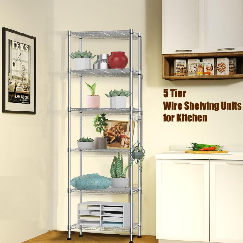 6-Tier Wire Shelving Unit Storage Rack Metal Shelf Organizer with 6 Hooks for Kitchen Bathroom Garage Balcony 21.26  x 11.42  x 62.99 - Image 9