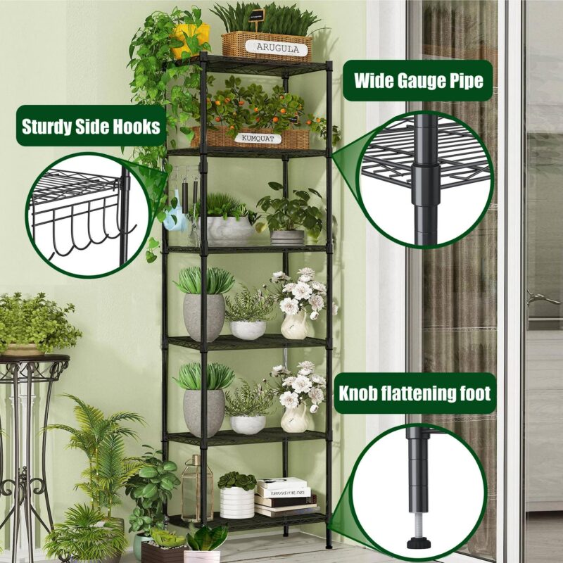 6-Tier Wire Shelving Unit Storage Rack Metal Shelf Organizer with 6 Hooks for Kitchen Bathroom Garage Balcony 21.26  x 11.42  x 62.99 - Image 10