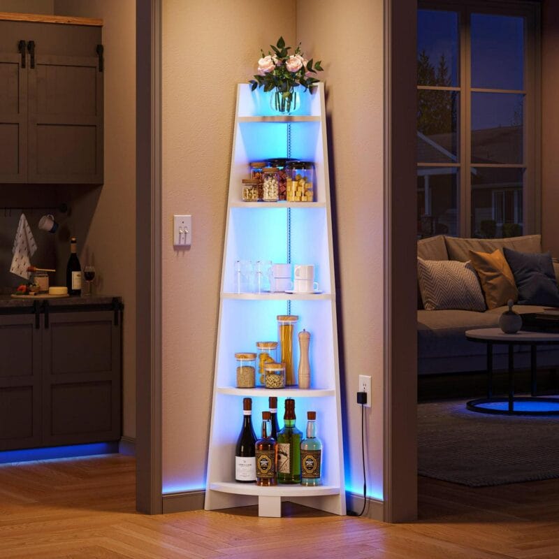 70.9 Corner Shelf with Led Light, 5 Tier Corner Bookcase and Bookshelf, White Open Display Shelving, Storage Rack Ladder Wood Shelf for Living Room, Home Office - Image 9
