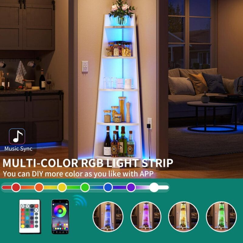 70.9 Corner Shelf with Led Light, 5 Tier Corner Bookcase and Bookshelf, White Open Display Shelving, Storage Rack Ladder Wood Shelf for Living Room, Home Office - Image 4