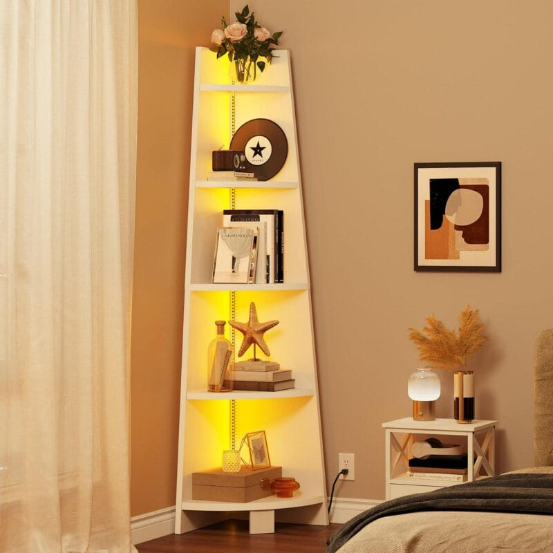70.9 Corner Shelf with Led Light, 5 Tier Corner Bookcase and Bookshelf, White Open Display Shelving, Storage Rack Ladder Wood Shelf for Living Room, Home Office