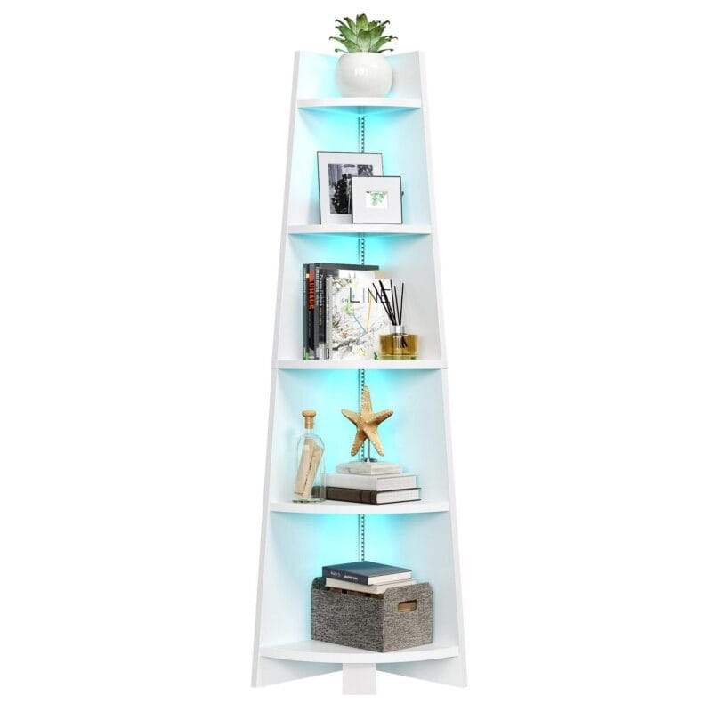 70.9 Corner Shelf with Led Light, 5 Tier Corner Bookcase and Bookshelf, White Open Display Shelving, Storage Rack Ladder Wood Shelf for Living Room, Home Office - Image 3