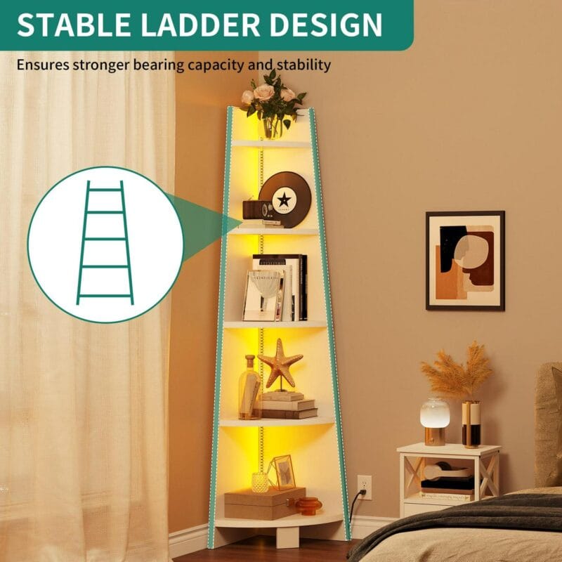 70.9 Corner Shelf with Led Light, 5 Tier Corner Bookcase and Bookshelf, White Open Display Shelving, Storage Rack Ladder Wood Shelf for Living Room, Home Office - Image 8