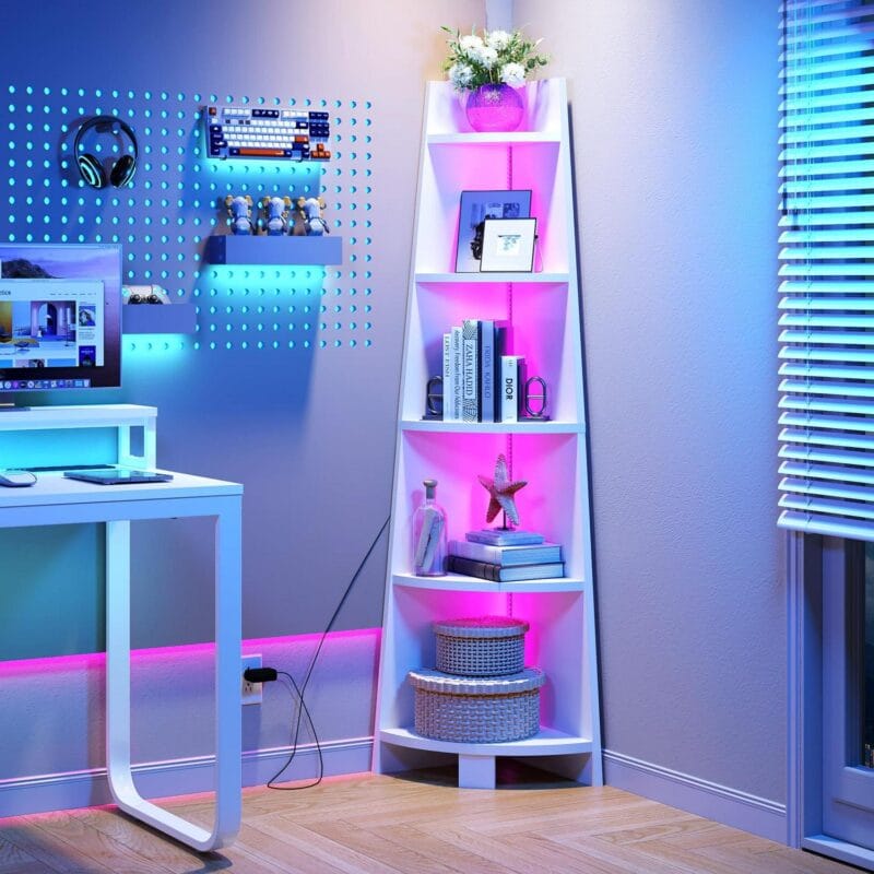 70.9 Corner Shelf with Led Light, 5 Tier Corner Bookcase and Bookshelf, White Open Display Shelving, Storage Rack Ladder Wood Shelf for Living Room, Home Office - Image 7