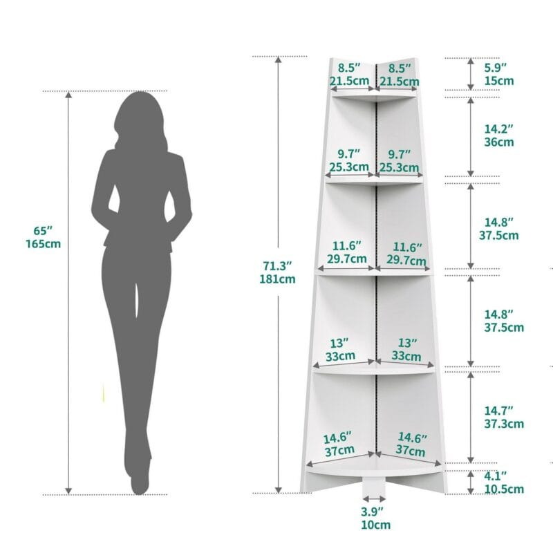 70.9 Corner Shelf with Led Light, 5 Tier Corner Bookcase and Bookshelf, White Open Display Shelving, Storage Rack Ladder Wood Shelf for Living Room, Home Office - Image 6