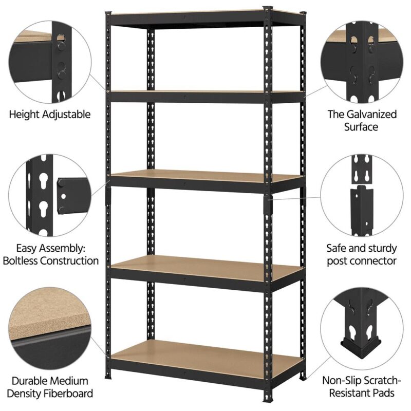 Alden Design 5-Shelf Boltless and Adjustable Steel Storage Shelf Unit, Black, Holds up to 705 lb Per Shelf - Image 9