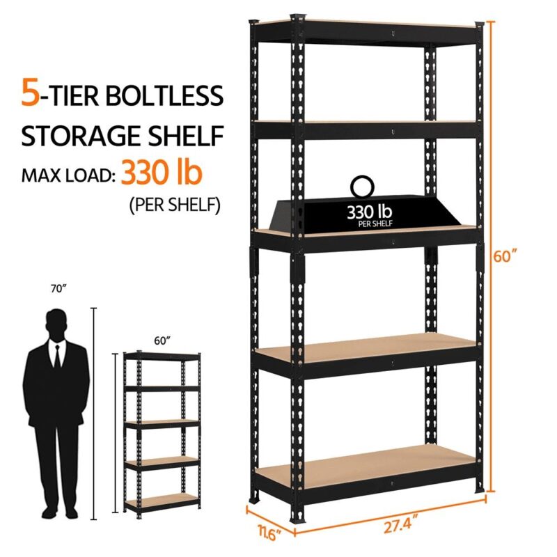 Alden Design 5-Shelf Boltless and Adjustable Steel Storage Shelf Unit, Black, Holds up to 330 lb Per Shelf, 2 Pack - Image 6