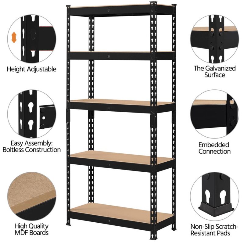 Alden Design 5-Shelf Boltless and Adjustable Steel Storage Shelf Unit, Black, Holds up to 330 lb Per Shelf, 2 Pack - Image 5
