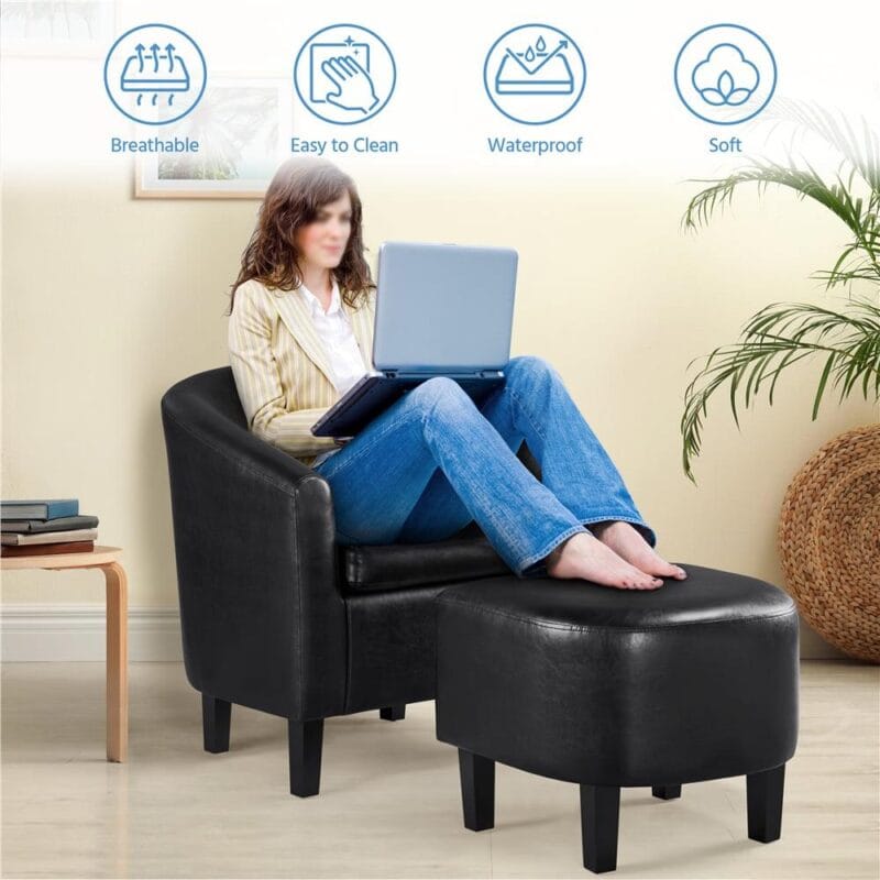 Alden Design Faux Leather Tub Chair with Ottoman, Black - Image 2