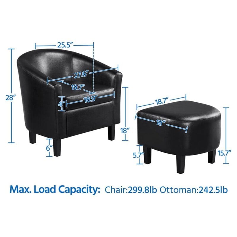 Alden Design Faux Leather Tub Chair with Ottoman, Black - Image 7
