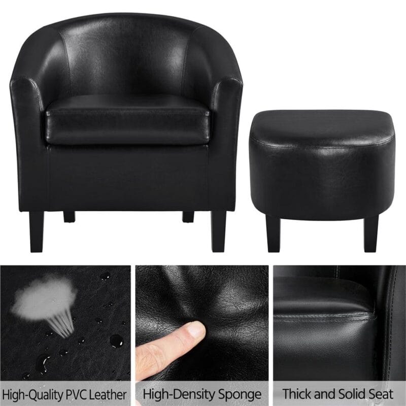 Alden Design Faux Leather Tub Chair with Ottoman, Black - Image 3