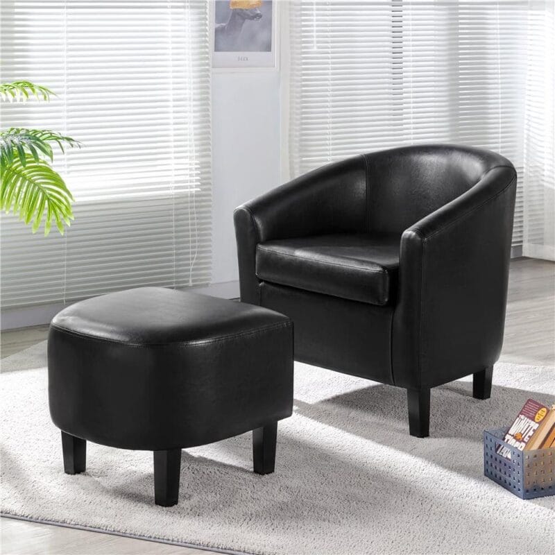 Alden Design Faux Leather Tub Chair with Ottoman, Black - Image 5