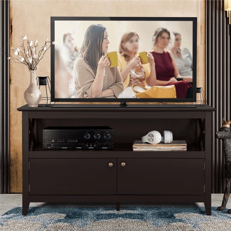 Alden Design Wooden X-Shape TV Stand for TVs up to 50'' with Storage Cabinet, Espresso - Image 3