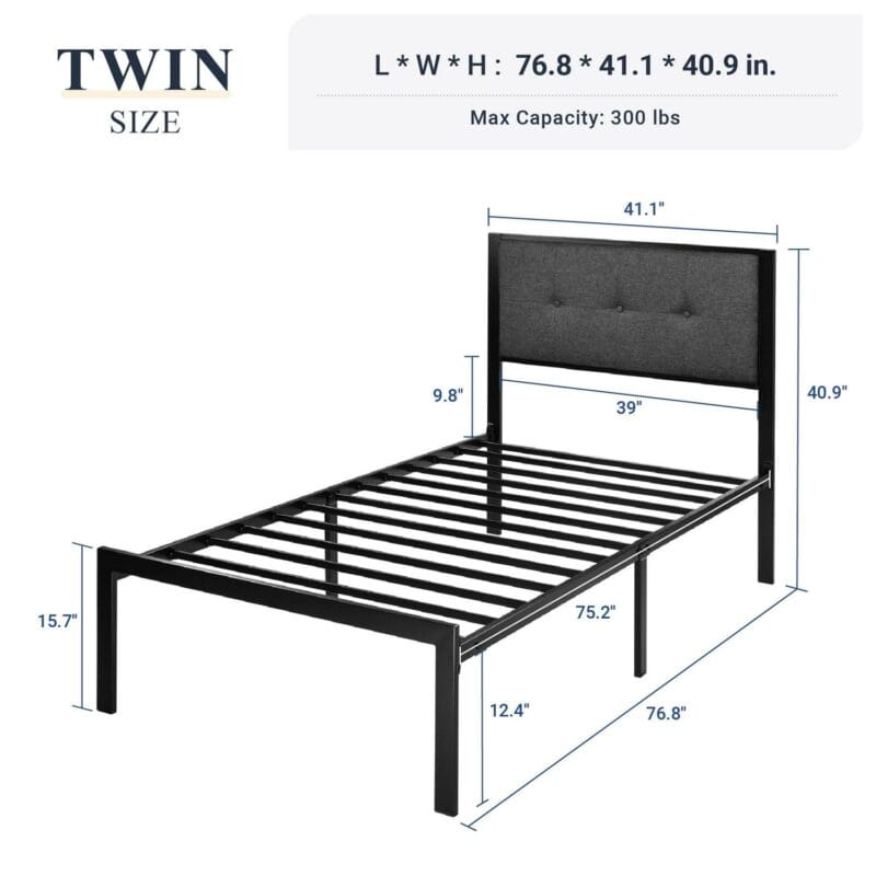 Allewie Twin Metal Platform Bed Frame with Fabric Button Tufted Headboard, 12.4  Under-bed Storage, Metal Slats, Grey - Image 8