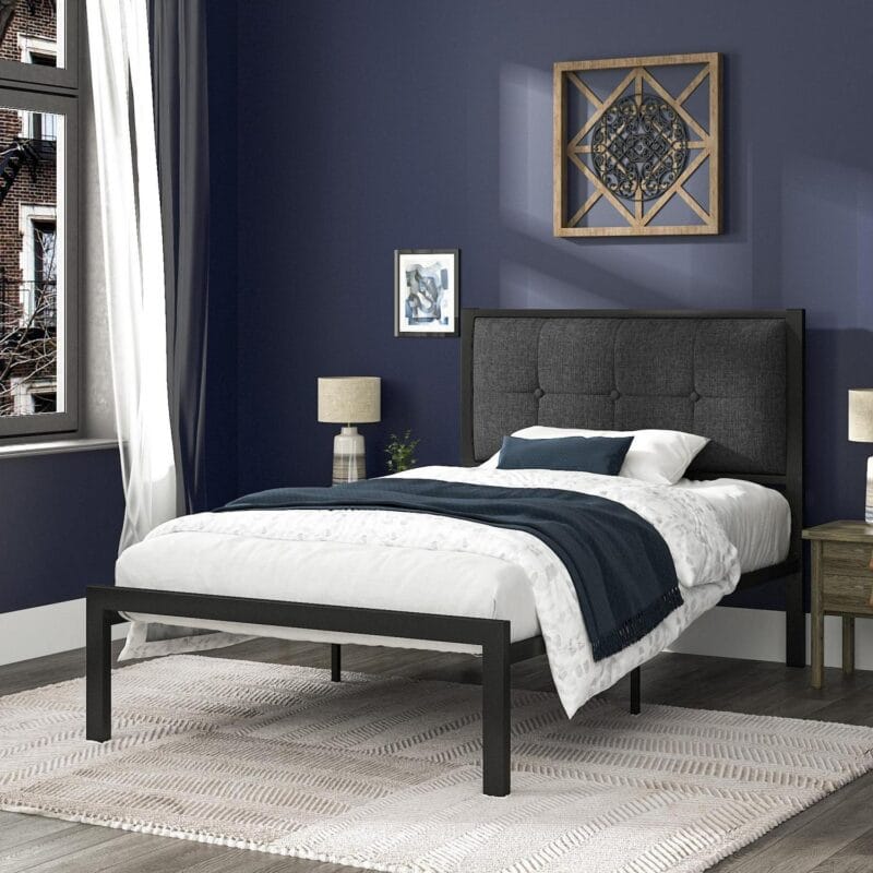 Allewie Twin Metal Platform Bed Frame with Fabric Button Tufted Headboard, 12.4  Under-bed Storage, Metal Slats, Grey - Image 2