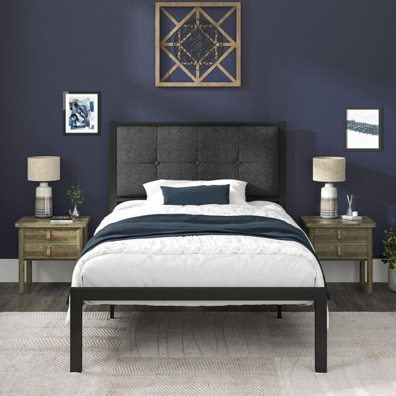 Allewie Twin Metal Platform Bed Frame with Fabric Button Tufted Headboard, 12.4  Under-bed Storage, Metal Slats, Grey