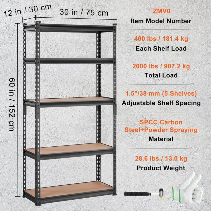 BENTISM 5 Tier Adjustable Heavy Duty Steel Shelving Unit, 12 D x 30 W x 60 H Garage Storage Rack 2000 lbs Load - Image 7