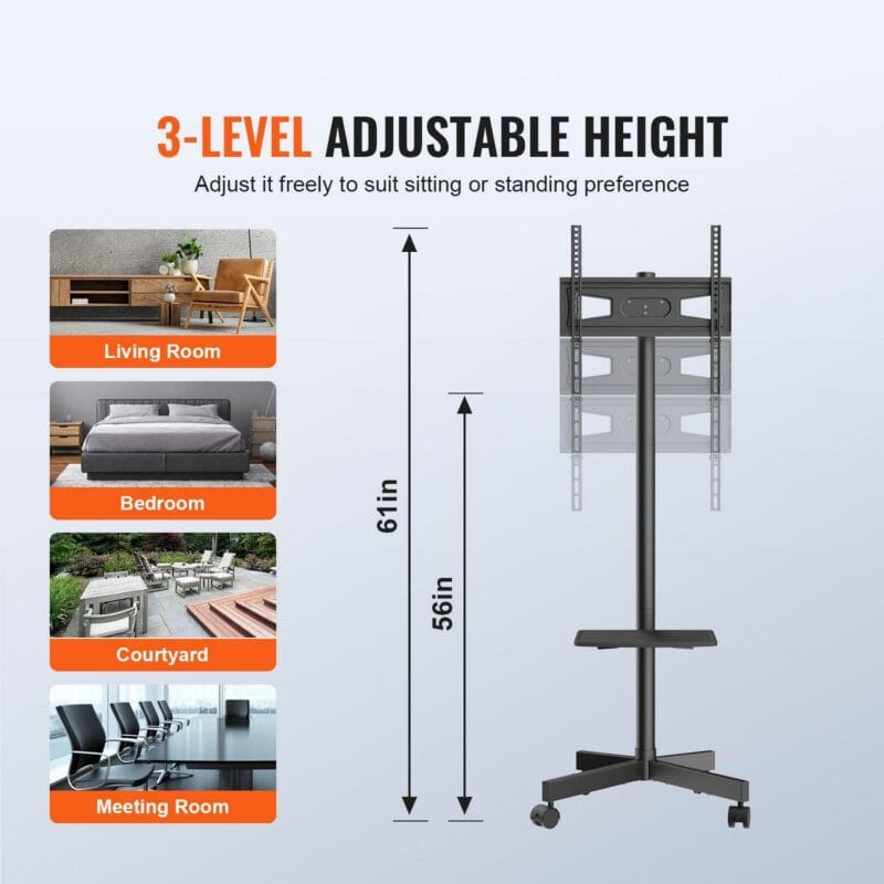 BENTISM Modern Rolling TV Stand Height Adjustable Mobile TV Cart Floor TV Stand with Projector Shelf for 23 -60  TVs with Lockable Wheels and A Tray - Image 4