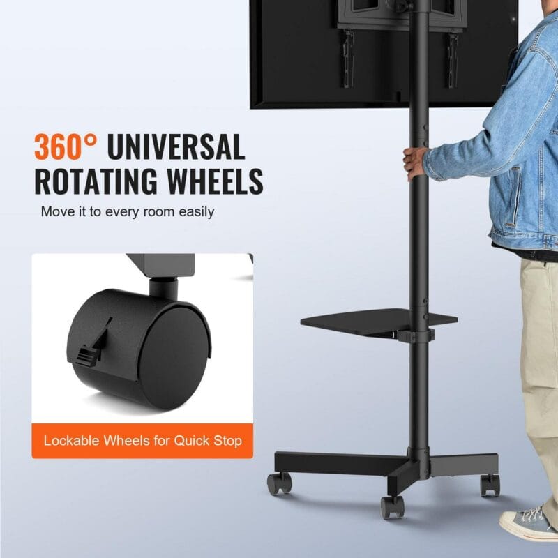 BENTISM Modern Rolling TV Stand Height Adjustable Mobile TV Cart Floor TV Stand with Projector Shelf for 23 -60  TVs with Lockable Wheels and A Tray - Image 5