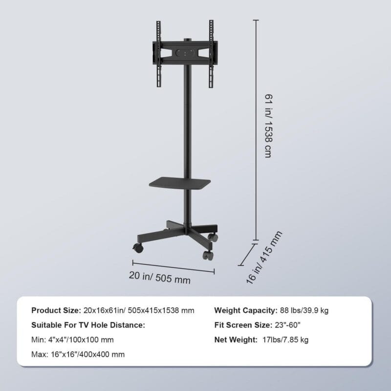 BENTISM Modern Rolling TV Stand Height Adjustable Mobile TV Cart Floor TV Stand with Projector Shelf for 23 -60  TVs with Lockable Wheels and A Tray - Image 7