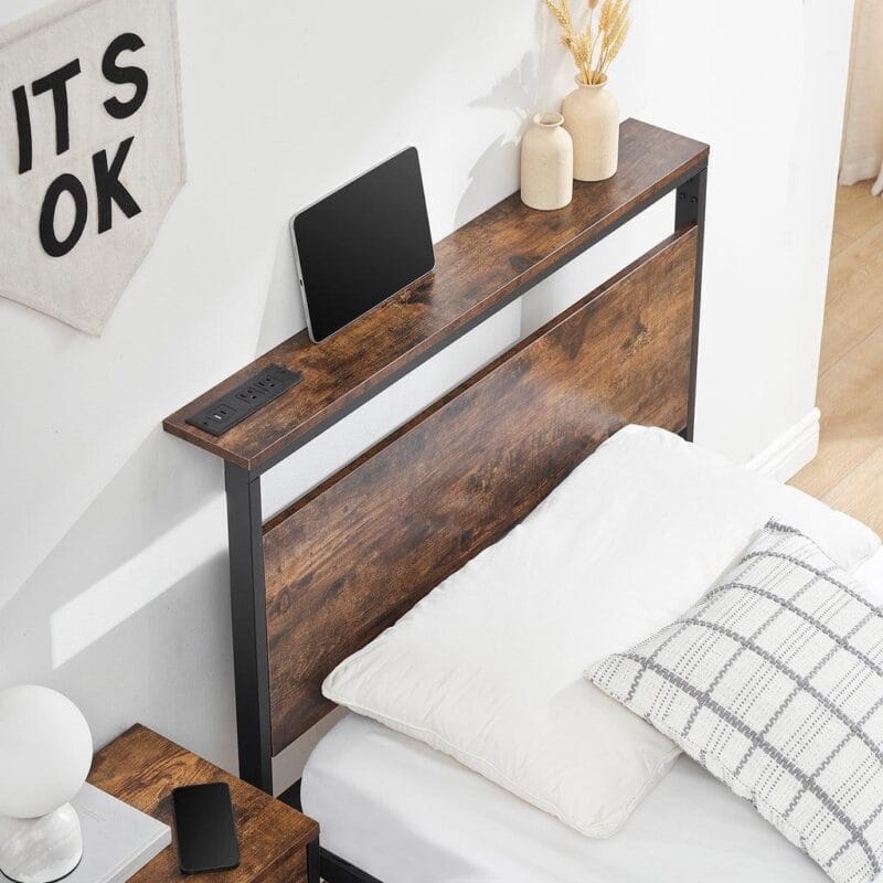 Behost 14  Twin Bed Frame with Headboard , Power Outlets Platform Beds for Bedroom, Rustic Brwon - Image 5