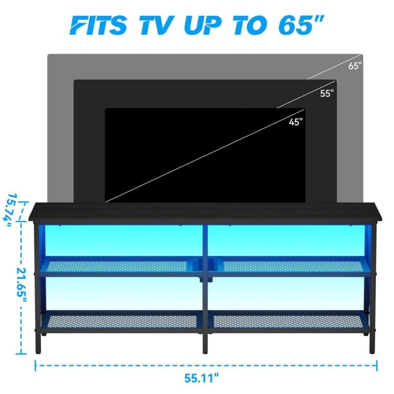 Behost TV Stand for 65 inch TV, TV Cabinet with 20 Colors LED Lights for Living Room,Black - Image 5
