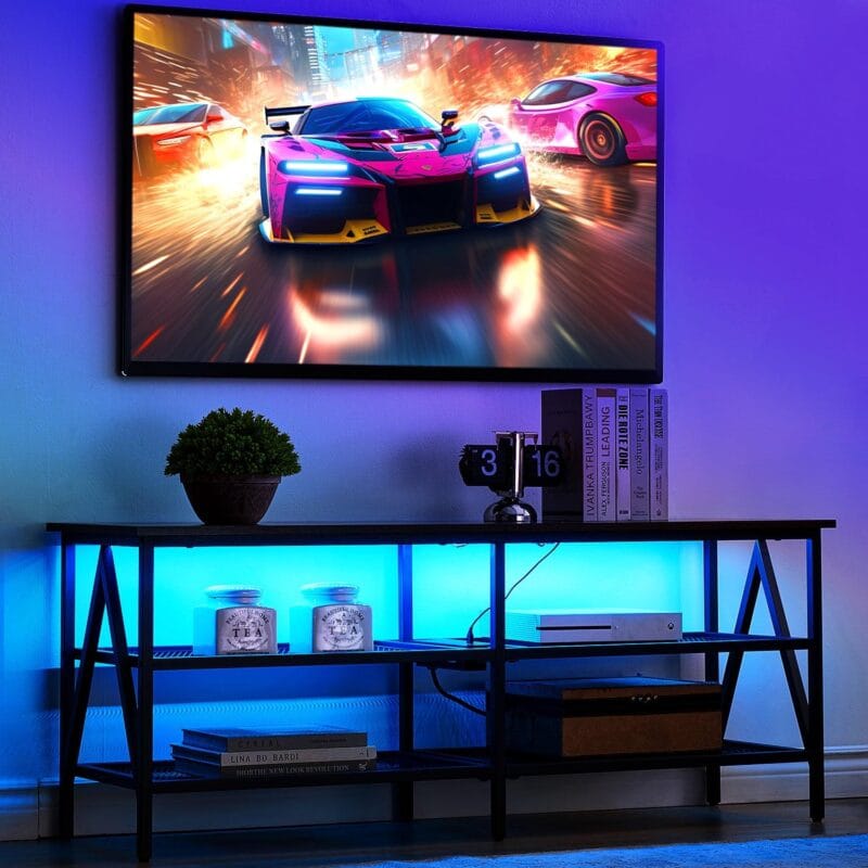Behost TV Stand for 65 inch TV, TV Cabinet with 20 Colors LED Lights for Living Room,Black
