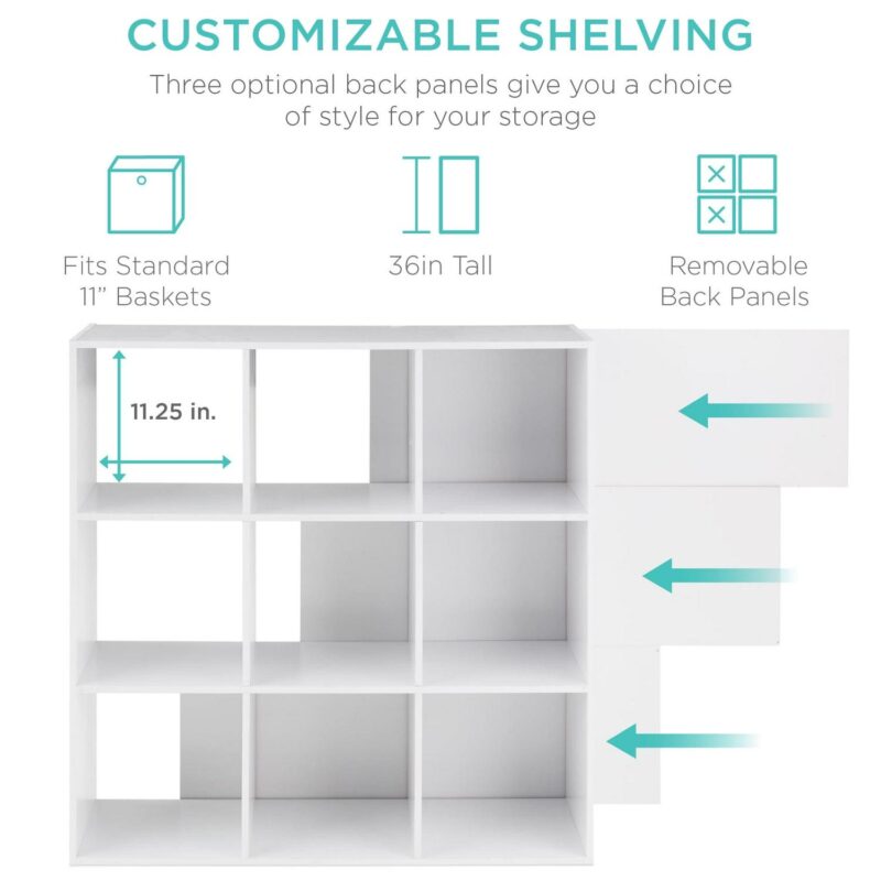 Best Choice Products 9-Cube Bookshelf, 11in Display Storage Compartment Organizer w/ 3 Removable Back Panels - White - Image 2
