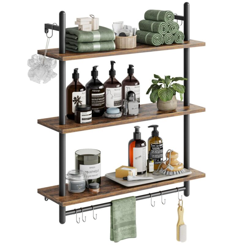 Bestier 31  Kitchen Wall Shelves 3-Tier Floating Shelves for Bathroom, Bedroom, Rustic Brown - Image 3