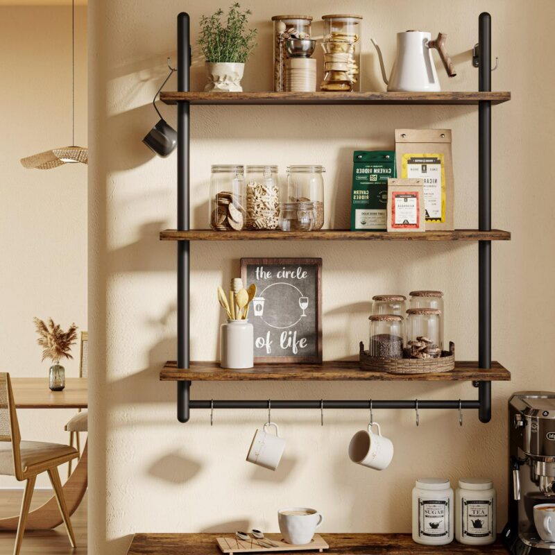 Bestier 31  Kitchen Wall Shelves 3-Tier Floating Shelves for Bathroom, Bedroom, Rustic Brown - Image 5