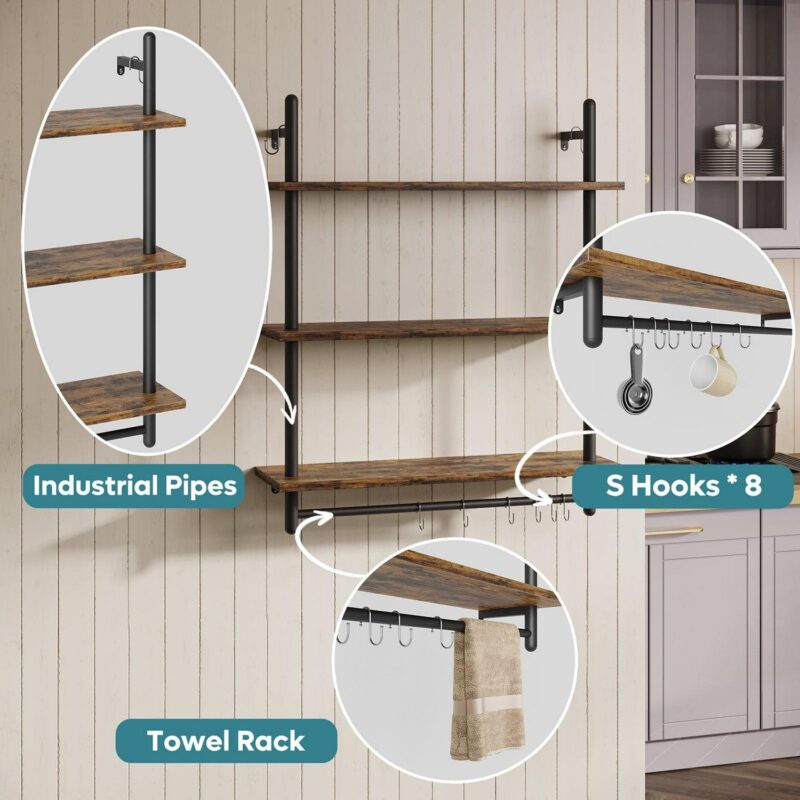 Bestier 31  Kitchen Wall Shelves 3-Tier Floating Shelves for Bathroom, Bedroom, Rustic Brown - Image 4