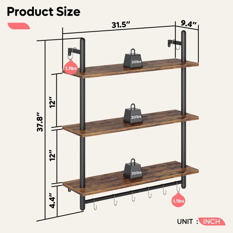 Bestier 31  Kitchen Wall Shelves 3-Tier Floating Shelves for Bathroom, Bedroom, Rustic Brown - Image 7
