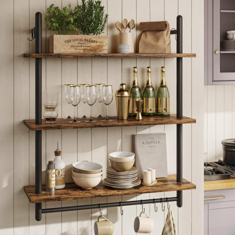 Bestier 31  Kitchen Wall Shelves 3-Tier Floating Shelves for Bathroom, Bedroom, Rustic Brown