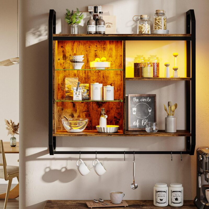 Bestier 33  Floating Shelves with LED Lights Wood Wall Mounted Storage Display Shelves for Bedroom, Rustic - Image 3