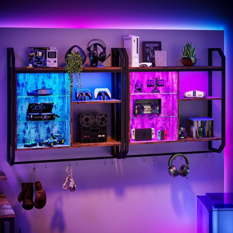 Bestier 33  Floating Shelves with LED Lights Wood Wall Mounted Storage Display Shelves for Bedroom, Rustic