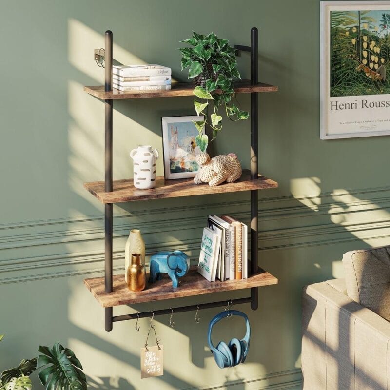 Bestier 38 inch Wall Mounted Floating Shelves with Towel Bar and Hooks Bookshelf in Rustic