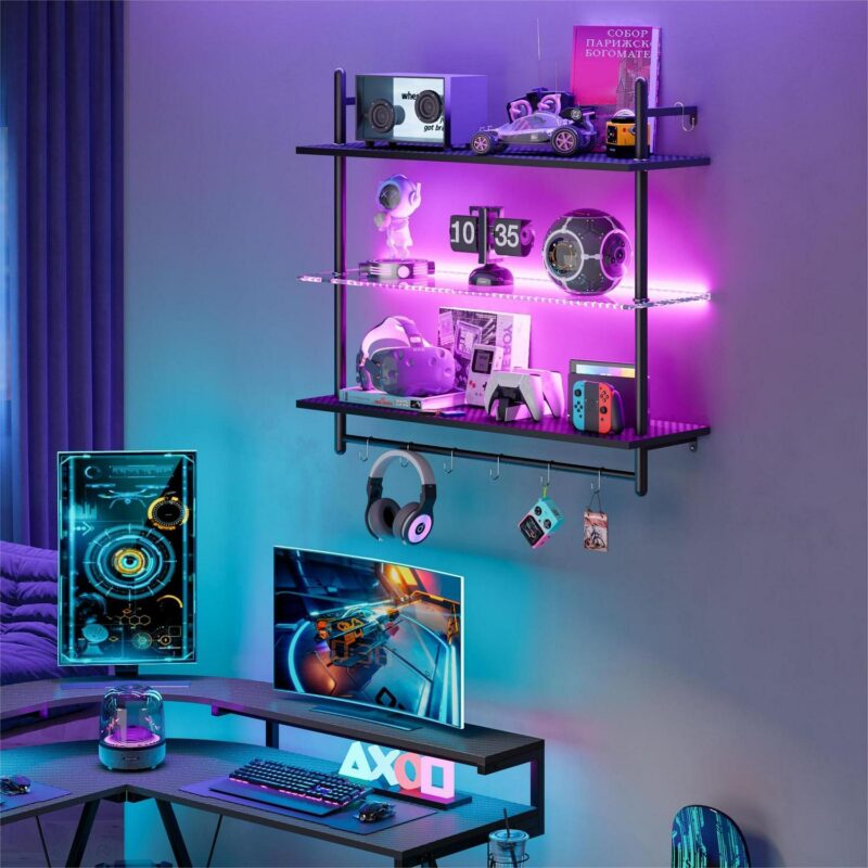 Bestier 41  Floating Shelves for Wall with LED Light 3-Tier Wall-Mounted Wood Shelves with 8 S-Hooks, Black Carbon Fiber - Image 4