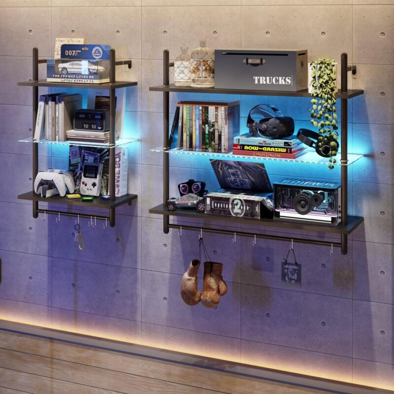 Bestier 41  Floating Shelves for Wall with LED Light 3-Tier Wall-Mounted Wood Shelves with 8 S-Hooks, Black Carbon Fiber - Image 10