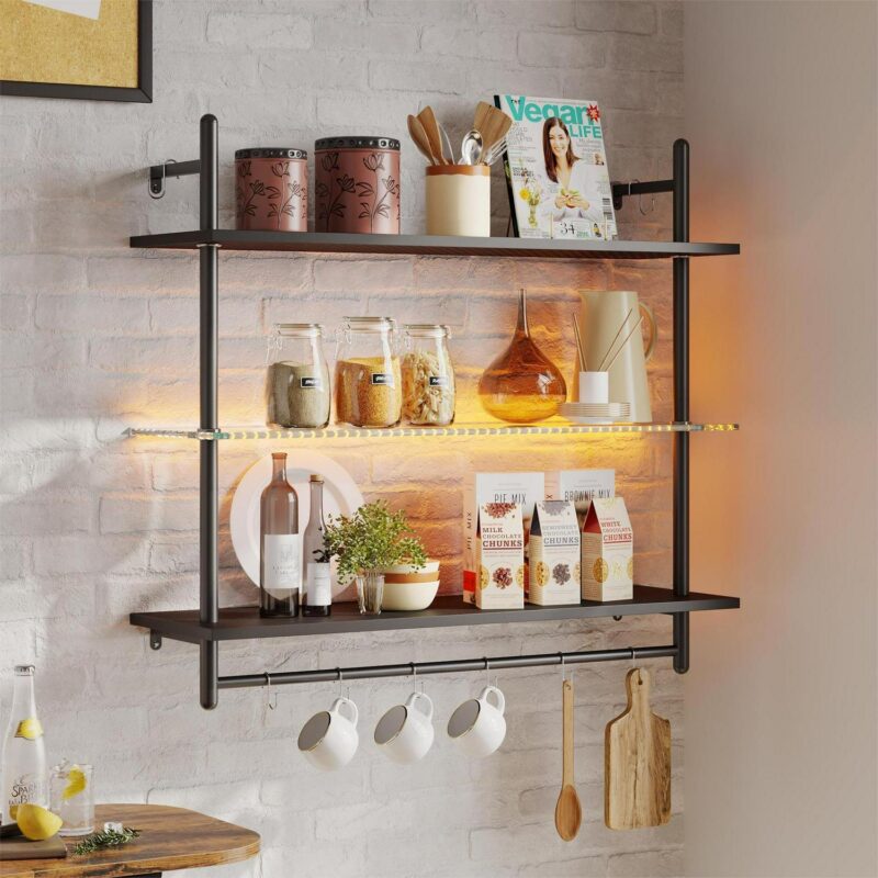 Bestier 41  Floating Shelves for Wall with LED Light 3-Tier Wall-Mounted Wood Shelves with 8 S-Hooks, Black Carbon Fiber