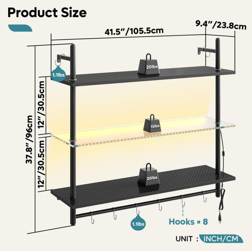 Bestier 41  Floating Shelves for Wall with LED Light 3-Tier Wall-Mounted Wood Shelves with 8 S-Hooks, Black Carbon Fiber - Image 5