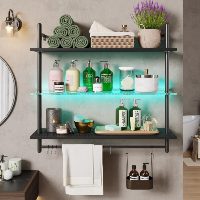 Bestier 41  Floating Shelves for Wall with LED Light 3-Tier Wall-Mounted Wood Shelves with 8 S-Hooks, Black Carbon Fiber - Image 3