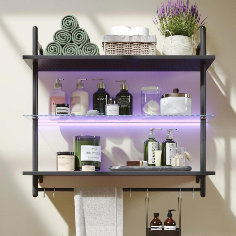 Bestier 41  Floating Shelves for Wall with LED Light 3-Tier Wall-Mounted Wood Shelves with 8 S-Hooks, Black Carbon Fiber - Image 2