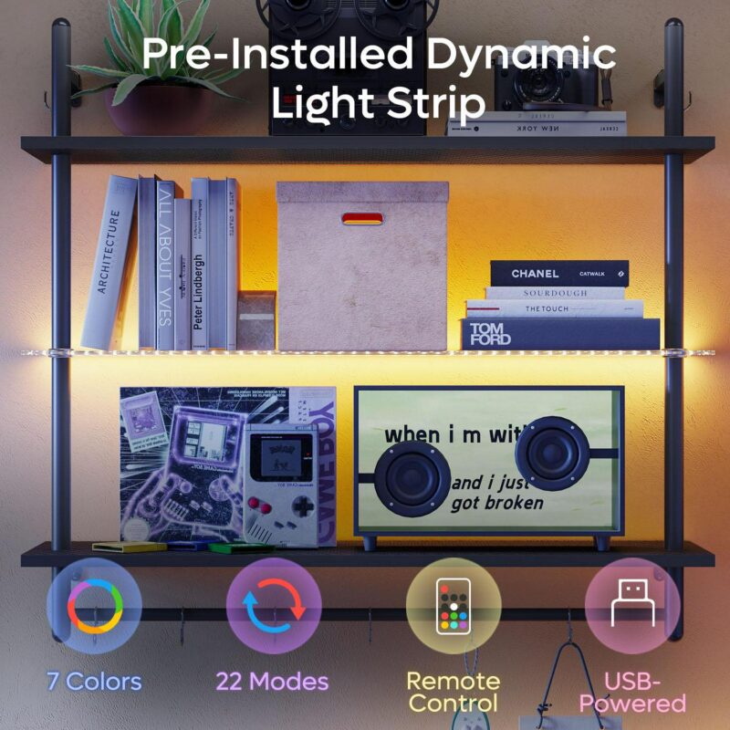 Bestier 41  Floating Shelves for Wall with LED Light 3-Tier Wall-Mounted Wood Shelves with 8 S-Hooks, Black Carbon Fiber - Image 7